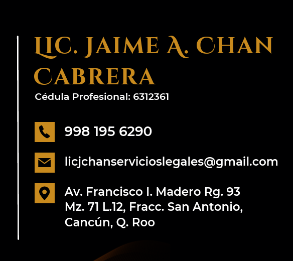 Tarjeta de información profesional del Lic. Jaime A. Chan Cabrera